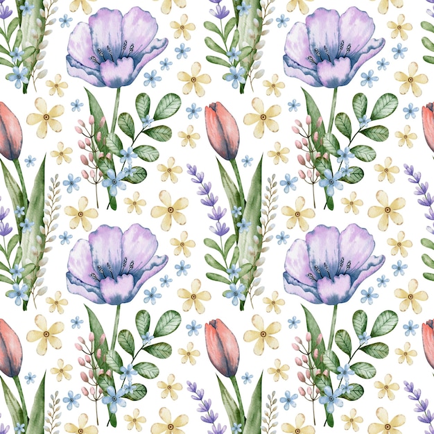 Watercolor seamless pattern purple tulip flowers on a white background.