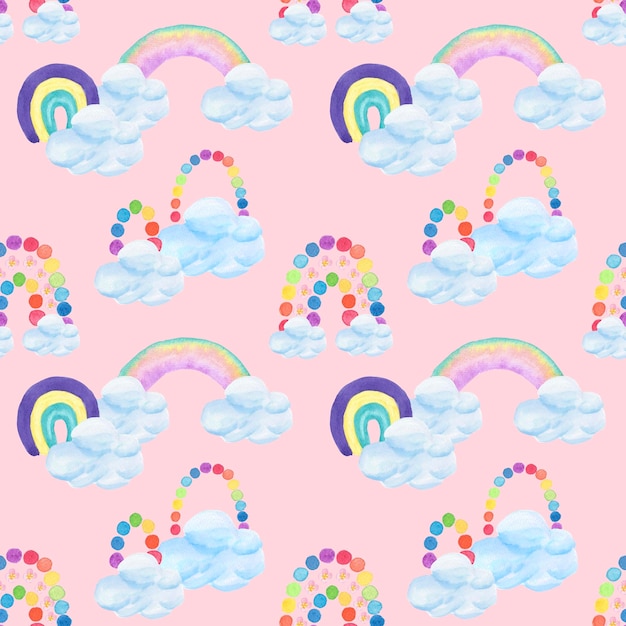 Watercolor seamless pattern rainbow, clouds on pink background hand-painted in children's style