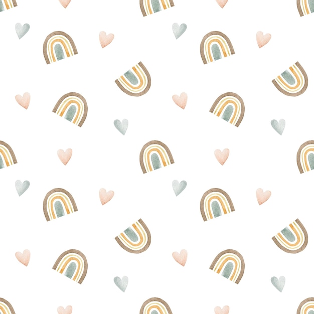 Watercolor seamless pattern rainbow, hearts. Autumn background.