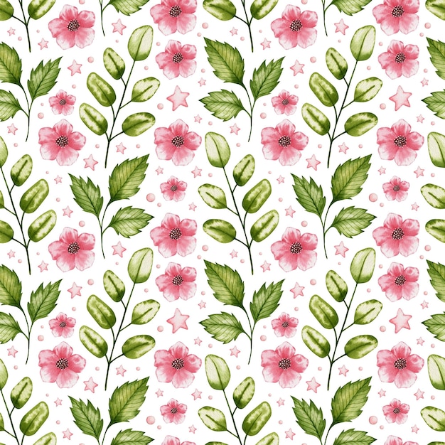 Watercolor seamless pattern of red rose flowers on a white background.