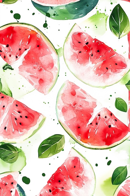 Watercolor seamless pattern of slices of watermelon with leaves