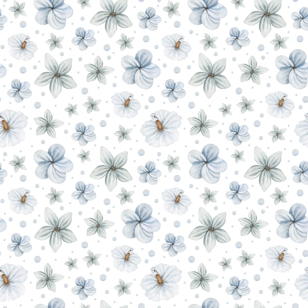 Watercolor seamless pattern, tropical leaves and flowers.