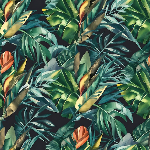 Photo watercolor seamless pattern of tropical leaves monstera on a dark background