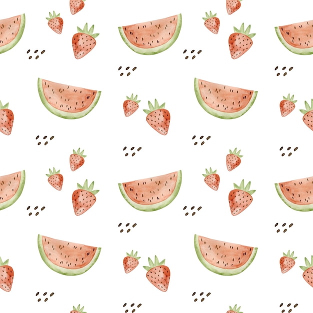 Watercolor seamless pattern watermelon and strawberries.