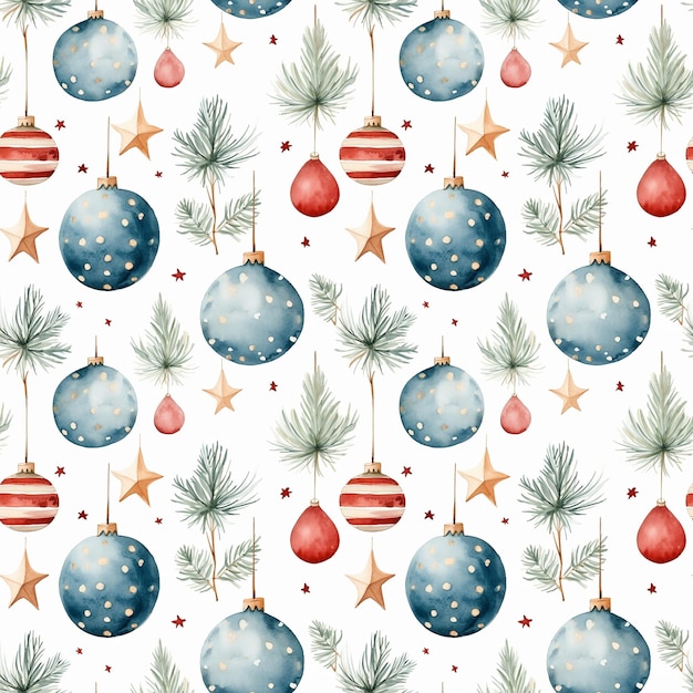 watercolor seamless pattern white background christmas balls stars design new year wrapping paper