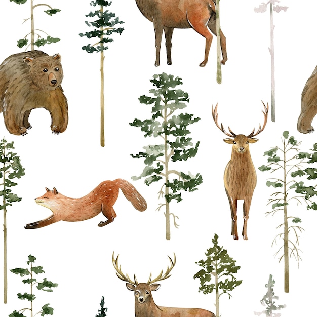 Watercolor seamless pattern with animals and trees for fabric wrapping paper etc