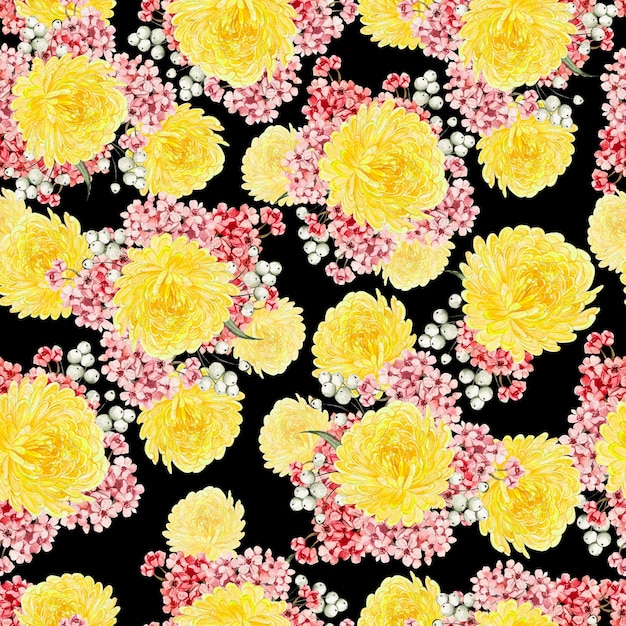 Watercolor seamless pattern with autumn flowers chrysanthemums berries and leaves