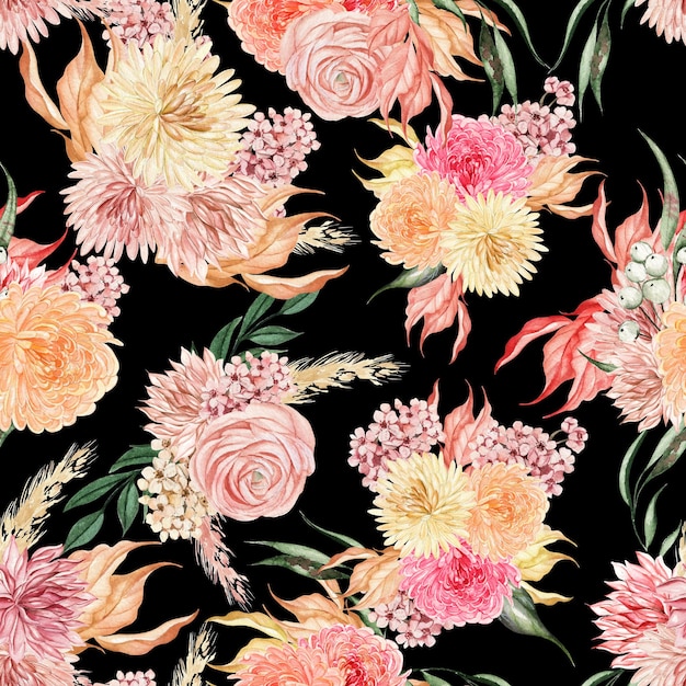 Watercolor seamless pattern with autumn flowers chrysanthemums ranunculus berries and leaves