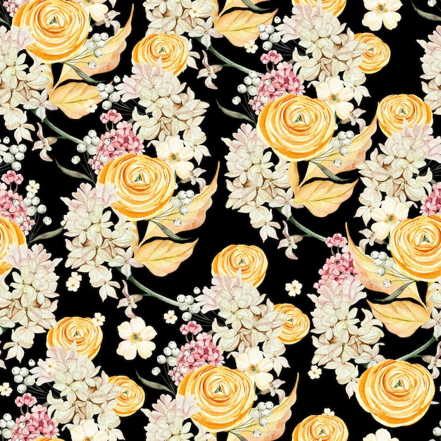 Watercolor seamless pattern with autumn flowers chrysanthemums ranunculus berries and leaves