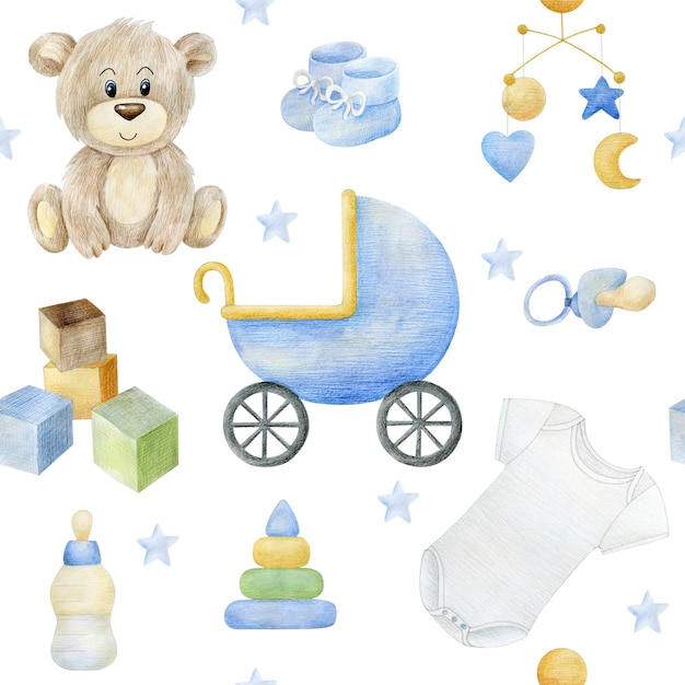 Watercolor seamless pattern with baby elements for boy