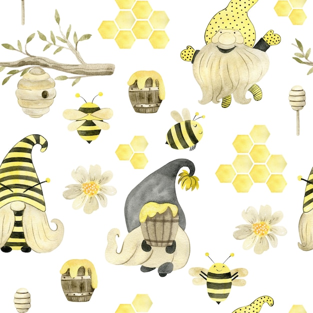 Watercolor seamless pattern with bees and gnomes