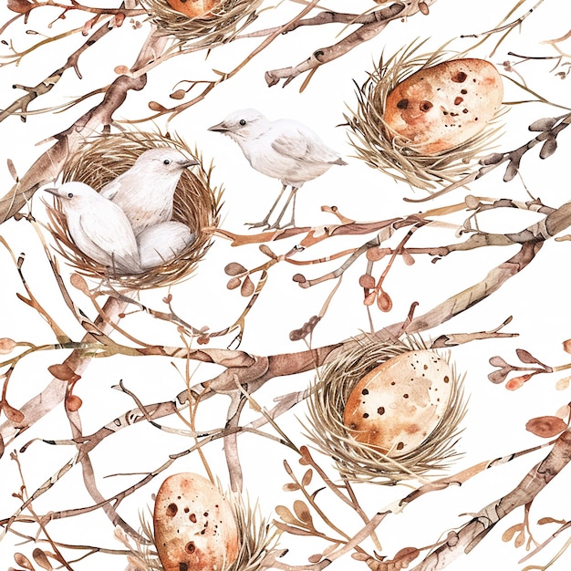 watercolor seamless pattern with birds nest and tree branches spring print vintage