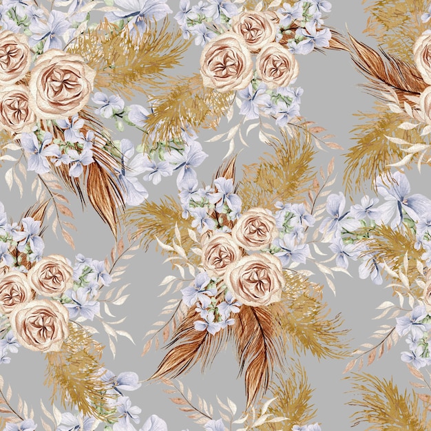 Watercolor seamless pattern with boho flowers and leaves