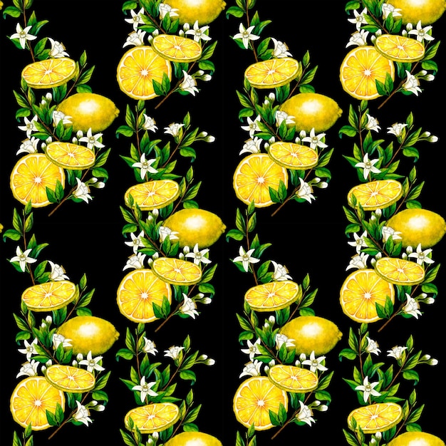 Watercolor seamless pattern with botanical illlustration of lemon tree branch with flowers on black background for design