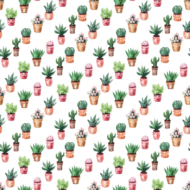 Watercolor seamless pattern with cacti in pots