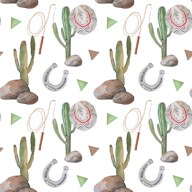 Watercolor seamless pattern with cactus and a horseshoe.