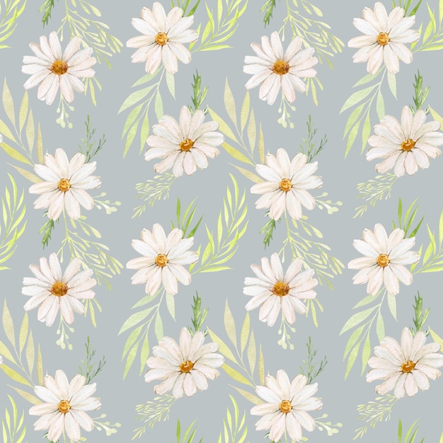 Photo watercolor seamless pattern with chamomile flowers and greenery botanical print with chamomile buds and herbs twigs and leaves design for wrapping paper wallpaper background textile