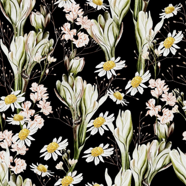 Watercolor seamless pattern with chamomile flowers and wild flowers