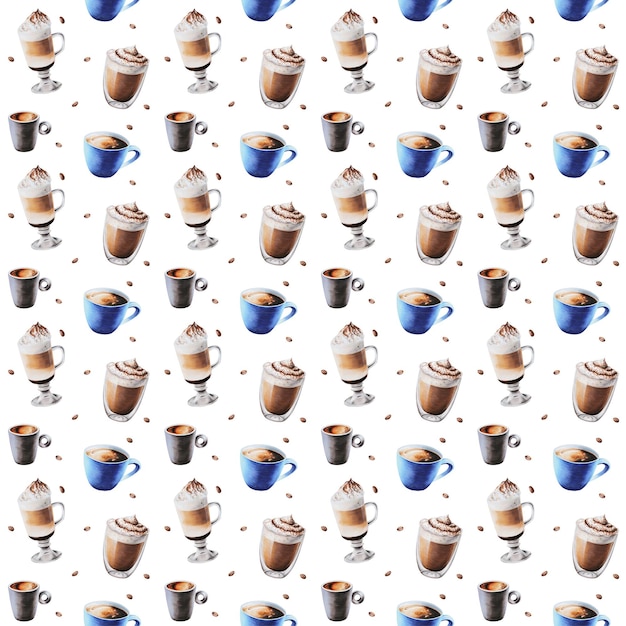 Watercolor seamless pattern with coffee cups and coffee beens Latte espresso americano mocha Hand