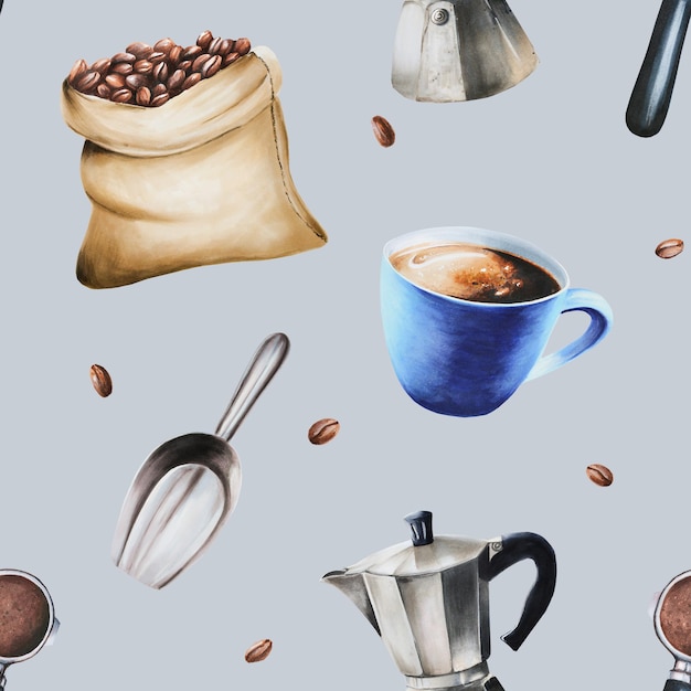 Watercolor seamless pattern with coffee making tools Hand painting on isolated background For designers menu shop bar bistro restaurant for postcards wrapping paper covers For posters and textile