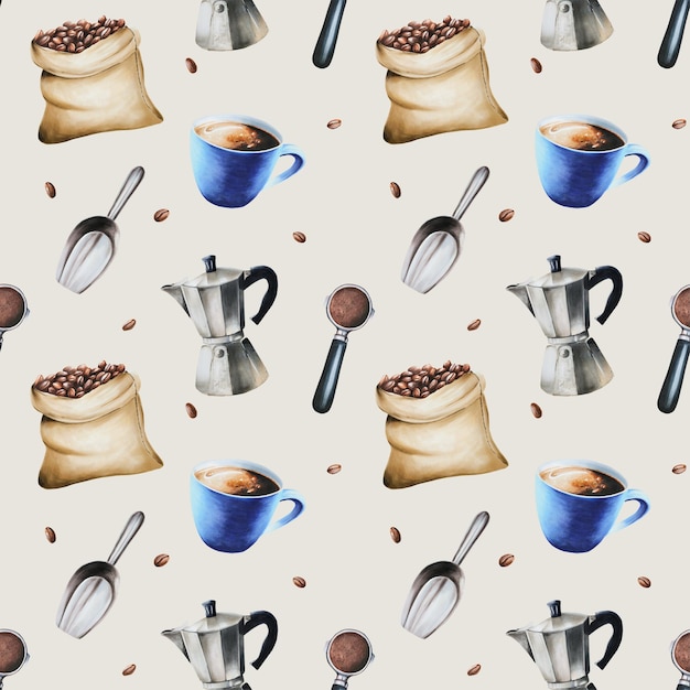 Watercolor seamless pattern with coffee making tools Hand painting on isolated background For