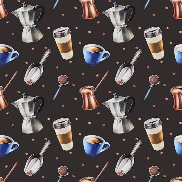 Watercolor seamless pattern with coffee making tools Latte espresso americano Hand painting on isola