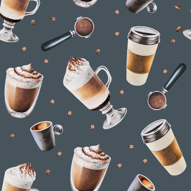 Watercolor seamless pattern with coffee making tools Latte espresso americano Hand painting on isola