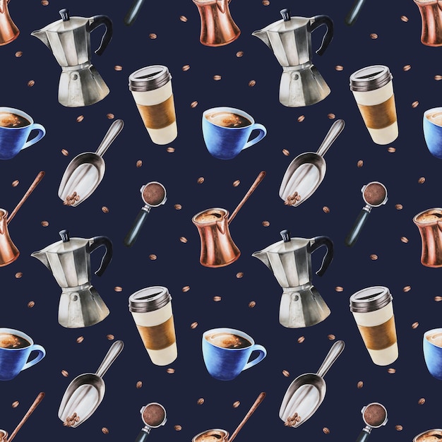 Watercolor seamless pattern with coffee making tools Latte espresso americano Hand painting on