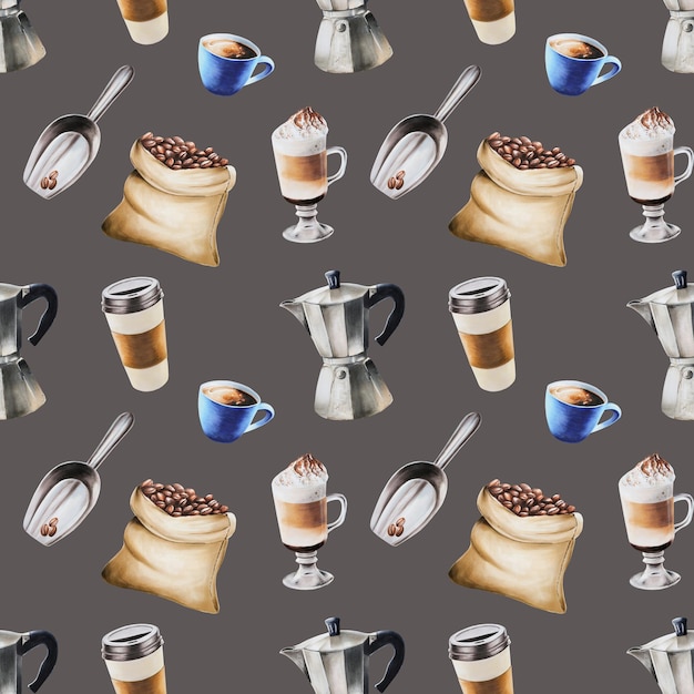 Watercolor seamless pattern with coffee making tools Latte espresso americano Hand painting on