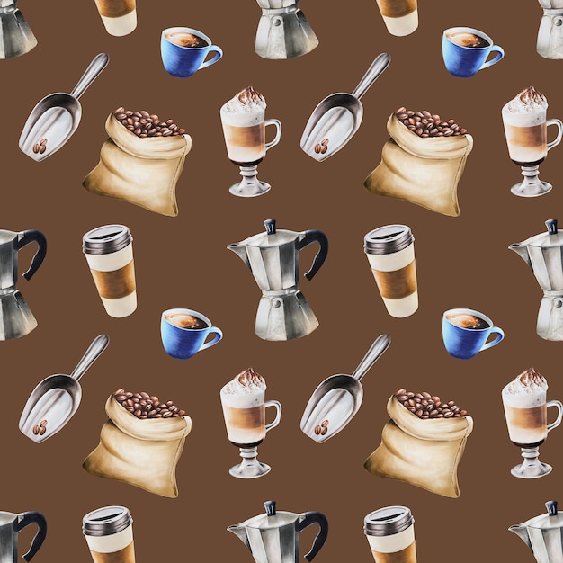 Watercolor seamless pattern with coffee making tools Latte espresso americano Hand painting on