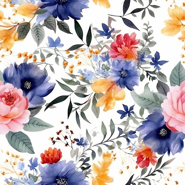 Watercolor seamless pattern with colorful flowers on a white background