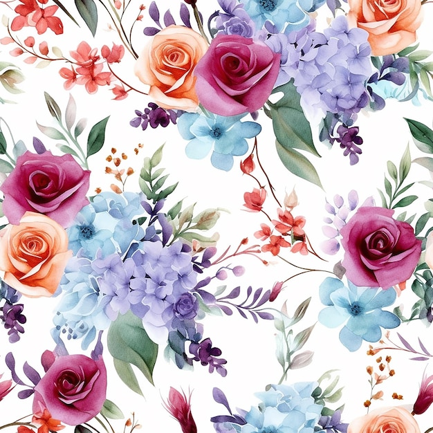 Watercolor seamless pattern with colorful flowers on a white background