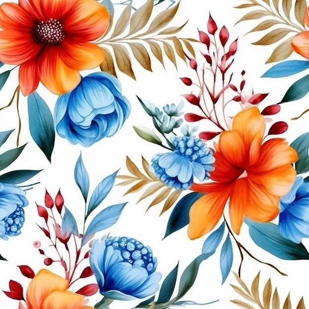 Watercolor seamless pattern with colorful flowers on a white background