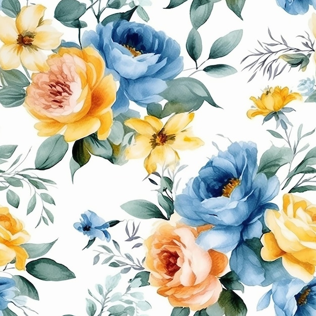 Watercolor seamless pattern with colorful flowers on a white background