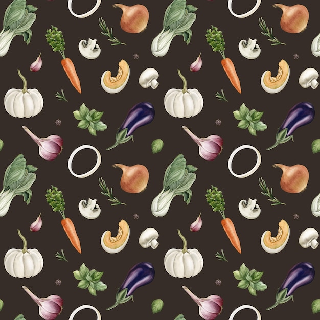 Watercolor seamless pattern with colorful vegetables on dark background For design fabric wrapping