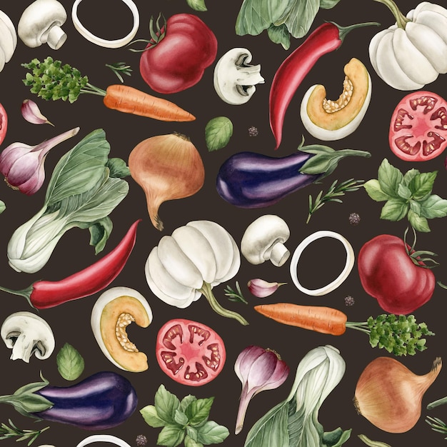 Watercolor seamless pattern with colorful vegetables on dark background For use in design fabric