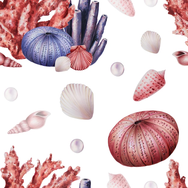 Watercolor seamless pattern with corals urchin shells and pearls Hand painting clipart underwater