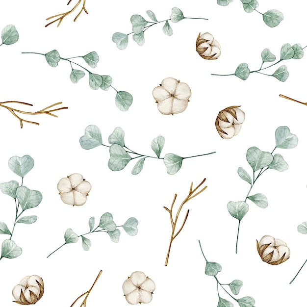 Watercolor seamless pattern with cotton eucalyptus branches Isolated on white background