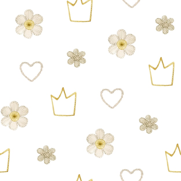 Watercolor seamless pattern with crochet flowers, crown, hearts. Isolated on white background.