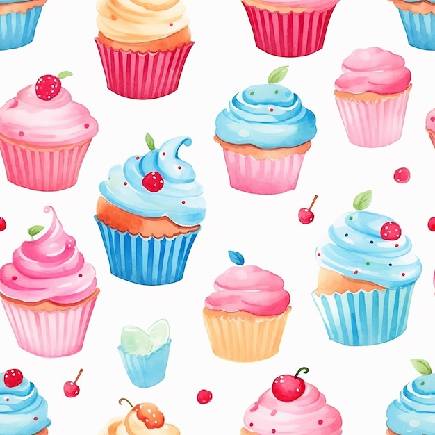 Watercolor seamless pattern with cupcakes