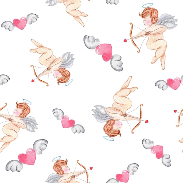 Photo watercolor seamless pattern with cupid and red flying hearts with wings on white background perfect for fabric textile wrapping paper textures cards