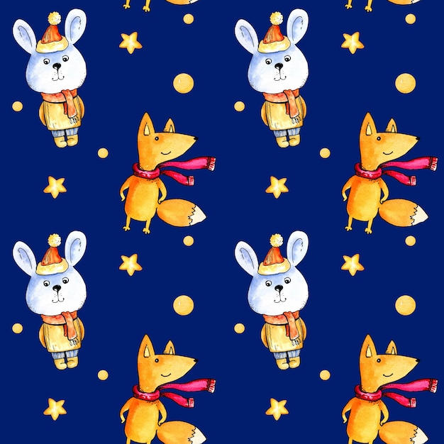 Watercolor seamless pattern with cute bunny funny fox stars balls hand drawn sketch Christmas