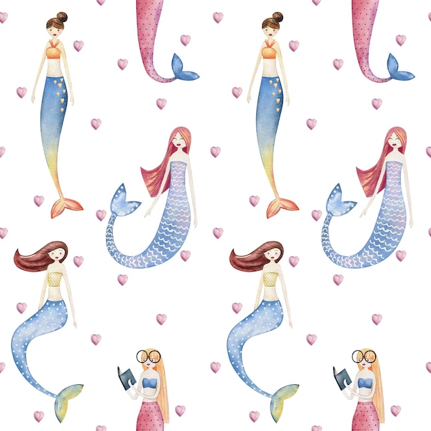 Watercolor seamless pattern with cute mermaids and hearts