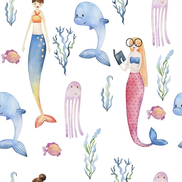 Watercolor seamless pattern with cute mermaids and sea animals