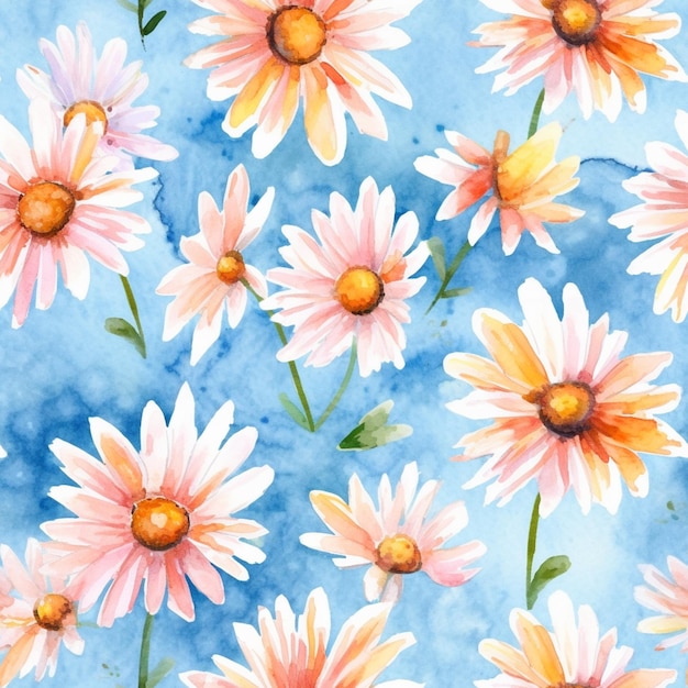 Watercolor seamless pattern with daisies on a blue background.