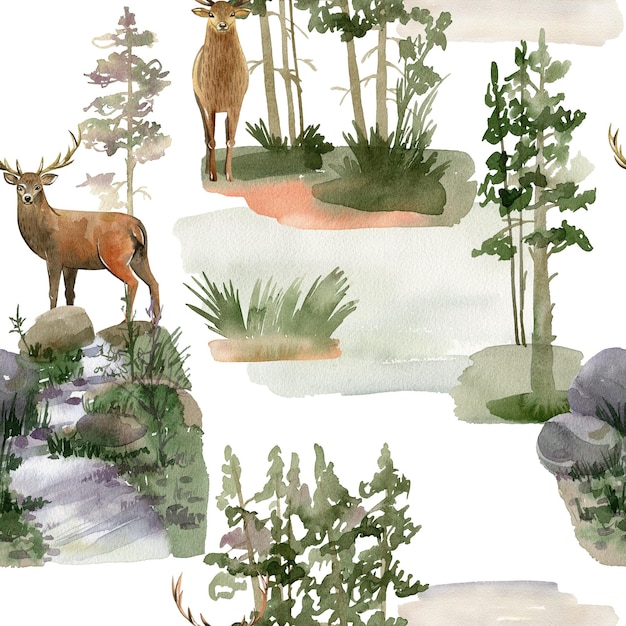 Watercolor seamless pattern with deers and trees for fabric wrapping paper etc