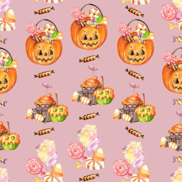 Watercolor seamless pattern with different halloween sweets