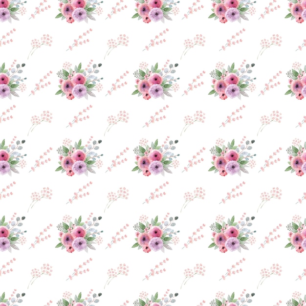 Watercolor seamless pattern with flowers, buds and twigs with leaves