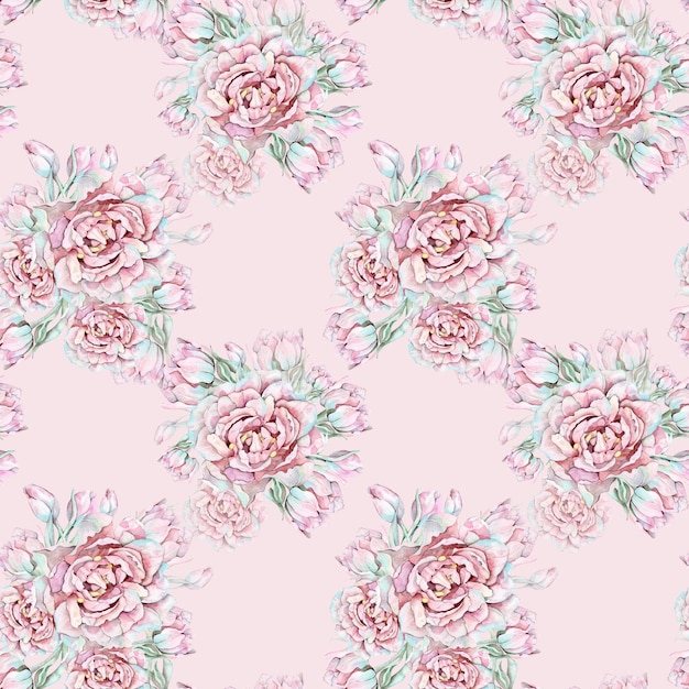 Watercolor seamless pattern with flowers Hand drawn illustration Peonytulips