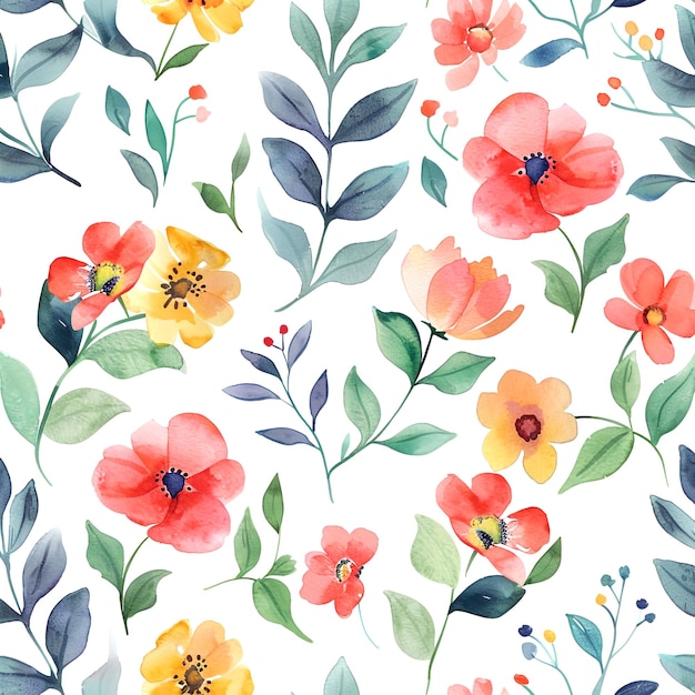 A watercolor seamless pattern with flowers and leaves